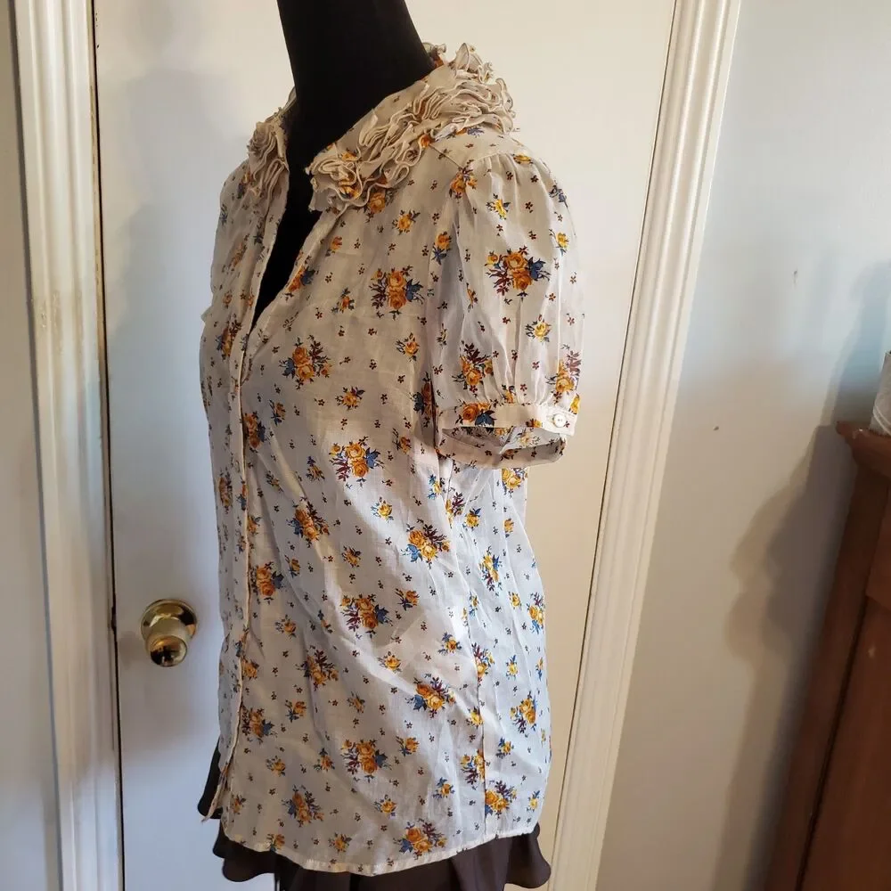 Zara Cottagecore Floral Button Up Top Puff Sleeve Ruffle Neck Size M Y2K Prairie